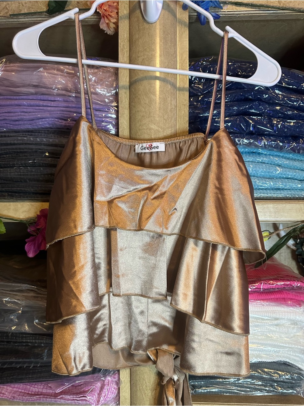 GeeGee Bronze Satin Ruffle Crop Top